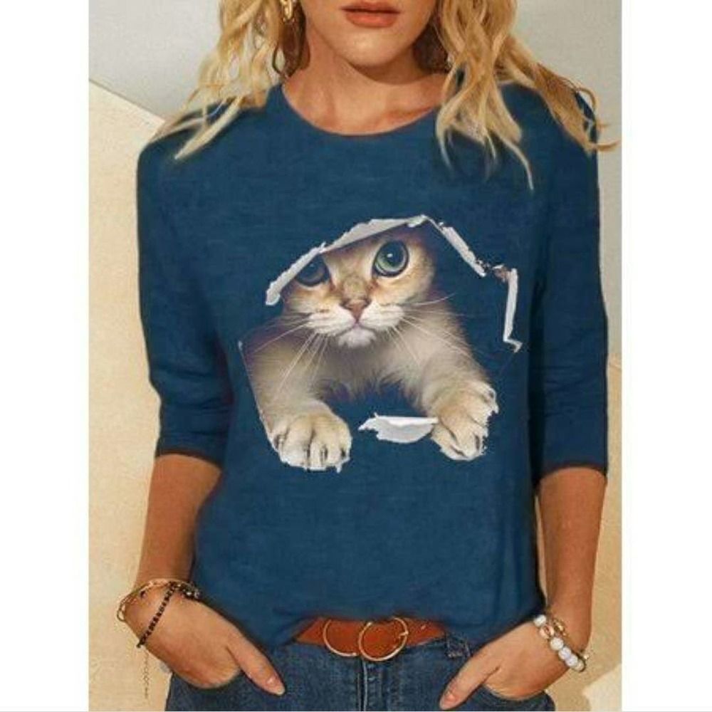 3D cat print crew neck pullover long sleeve top blue